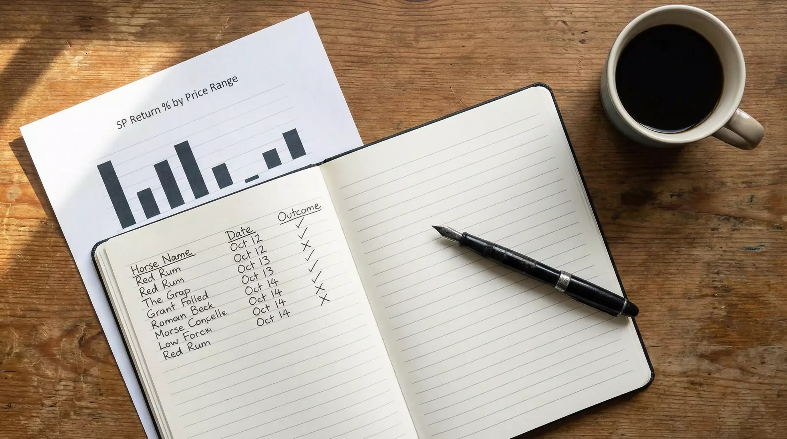 Punter reviewing horse racing betting records and SP strategy notes in a notebook