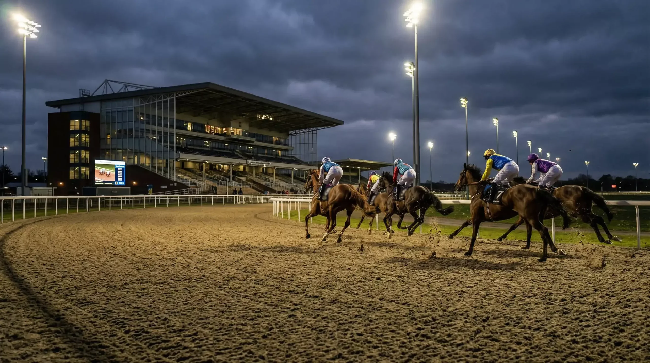 All-weather horse racing on Polytrack surface at Kempton Park