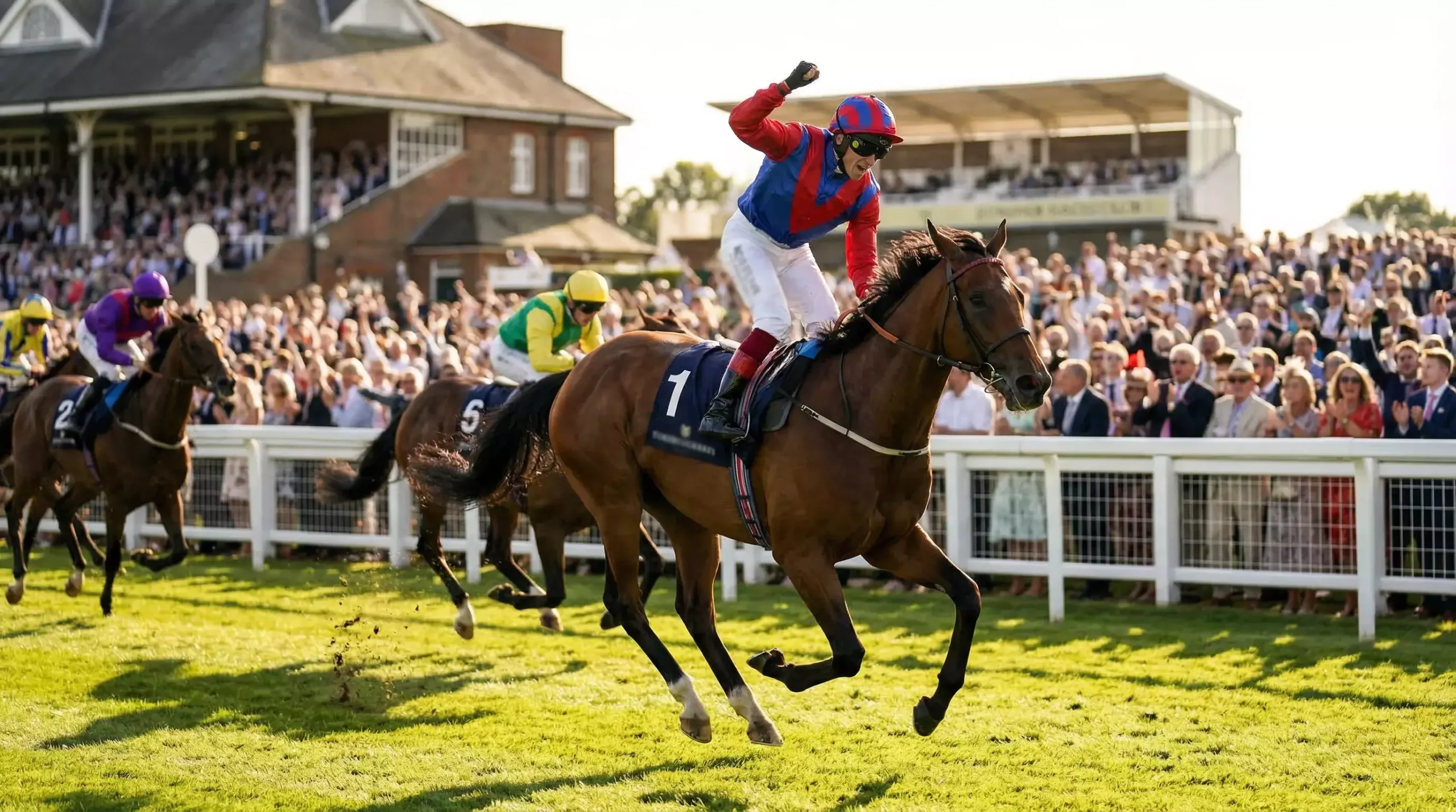 Favourite horse winning at UK racecourse with jockey celebrating