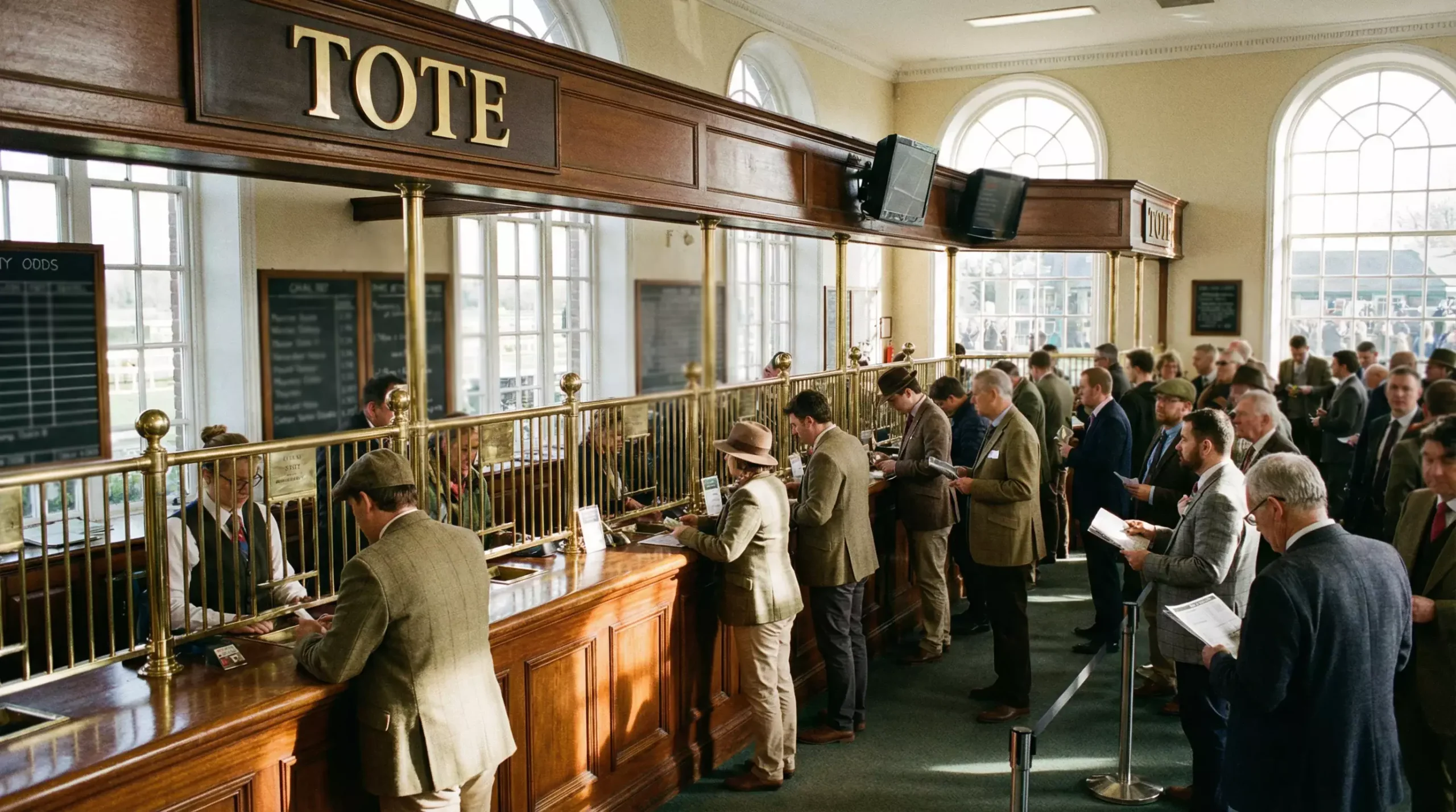Tote betting windows at British racecourse with punters queueing