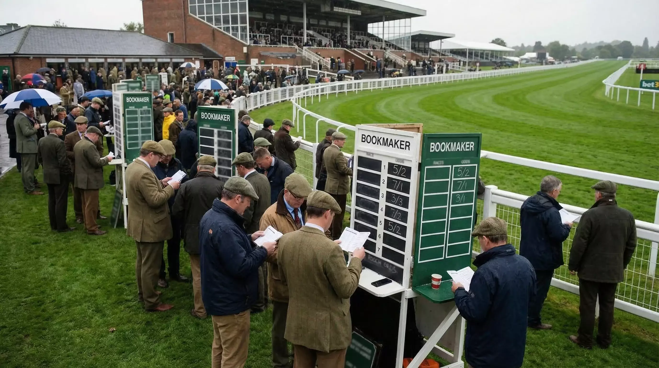 Bookmaker boards displaying starting price odds at a UK racecourse betting ring